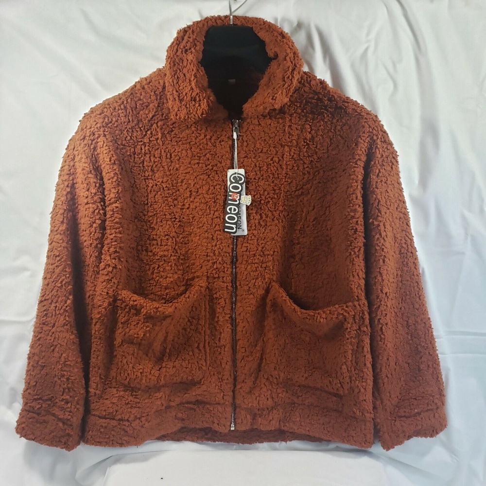 Fleece Fuzzy Faux Cameon Women's Coat Casual Lapel Shearling Zipper Brown Size M